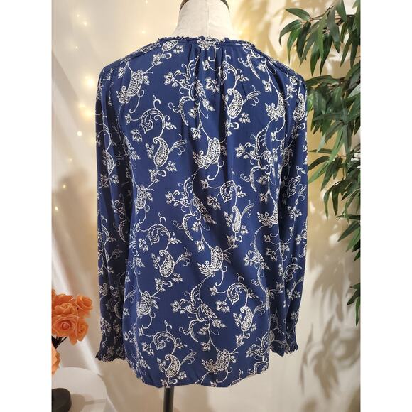 Talbots Smocked Paisley Keyhole Tie Neck Blouse Top Womens Size L Blue Boho - Picture 3 of 10